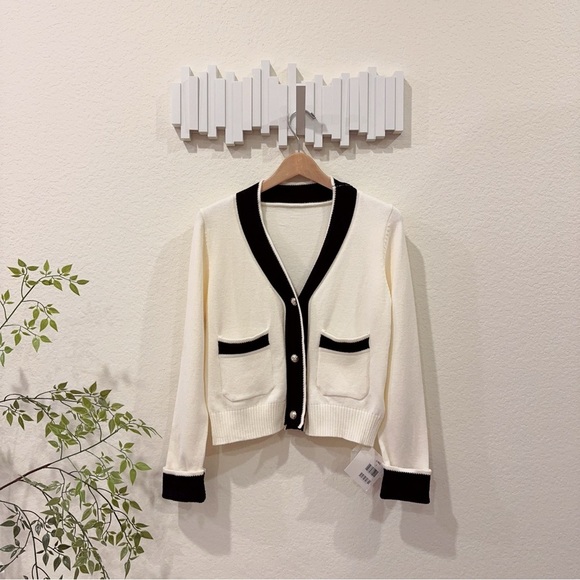 J.ING Adelyn Ivory V Neck Pocketed Cotton Blend Sweater Cardigan One Size NWT - Picture 2 of 8